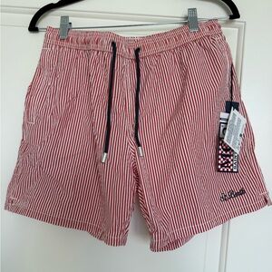 St. Barths Red Striped Men's Swim Trunks Seersucker